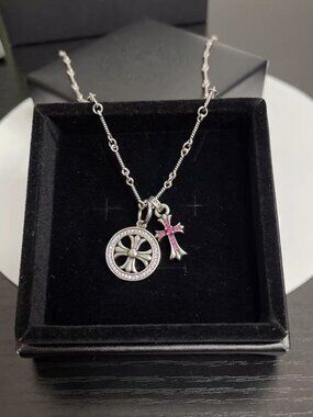 Chrome Hearts Double Pendant Necklace | 925 Sterling Silver with Pink Crystals &